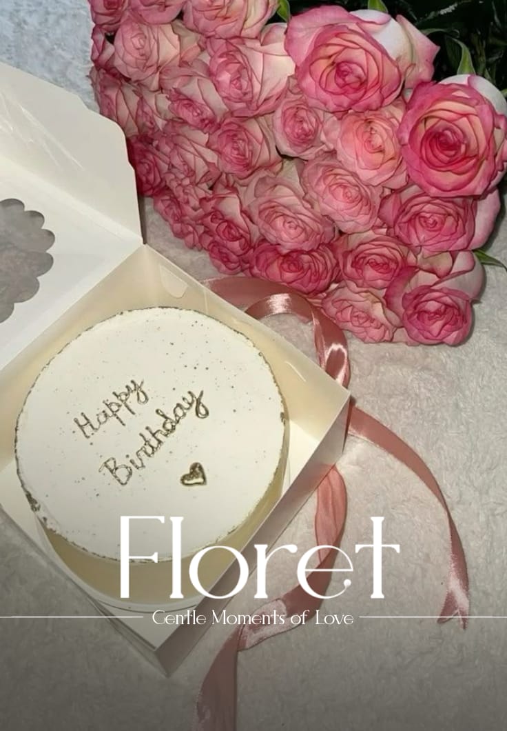 Gentle Moments Of Love bouquet — A swooning armful of blush-pink roses with a gold-lettered birthday cake in a keepsake box