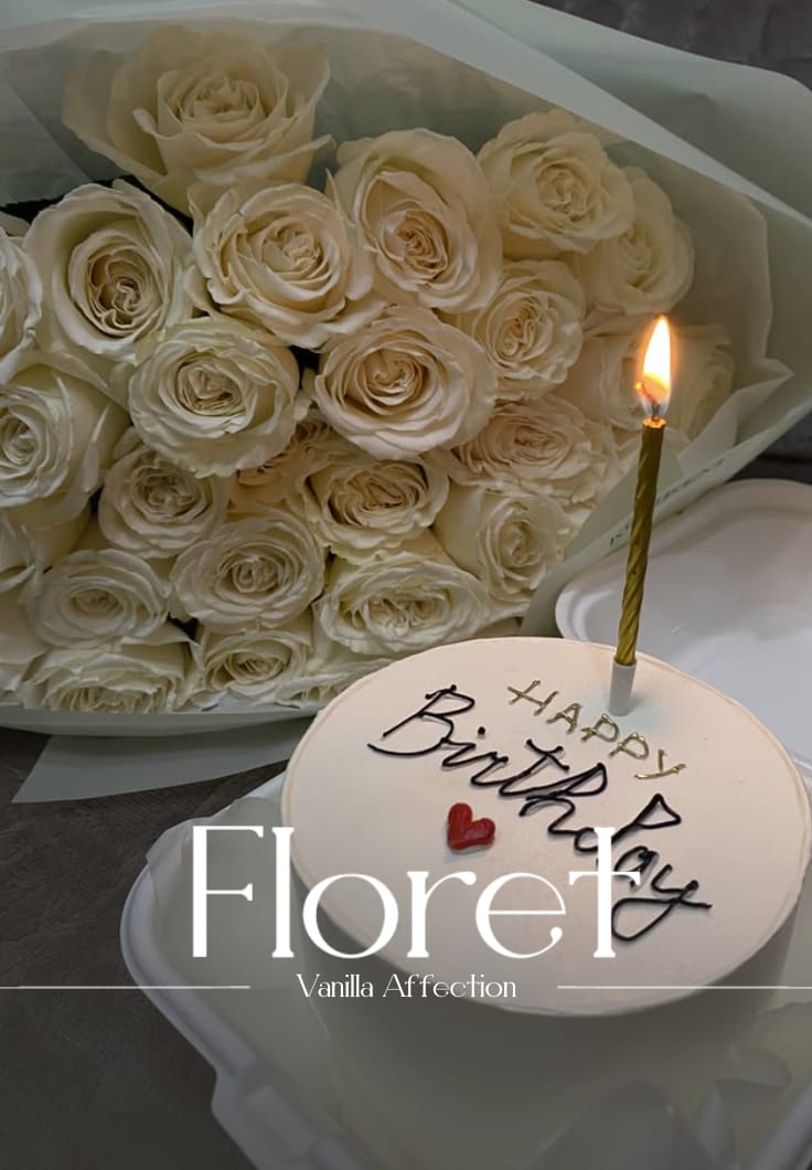Vanilla Affection bouquet — Cream roses and a candlelit cake — the whole celebration, hand-delivered